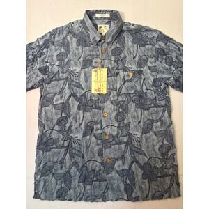 VTG M.E. Sport NWT Hawaiian Rayon Shirt L Blue Floral Coconut Buttons Deadstock